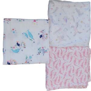 3 Angel Dear 47x47 Bamboo Swaddle Blankets Baby Girl Unicorns Whales